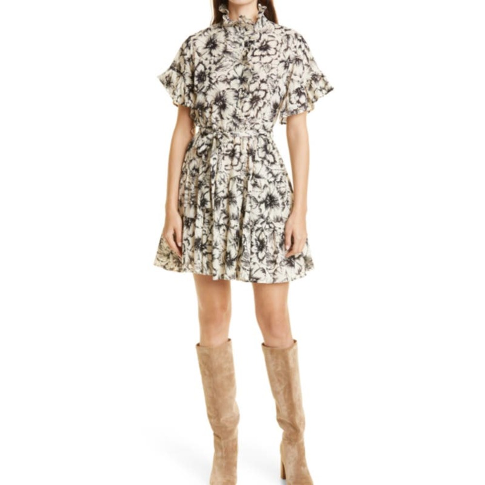 Mille Resort Womens Violetta Floral Ruffle Short Sleeve Tie Waist Mini Dress Nwt